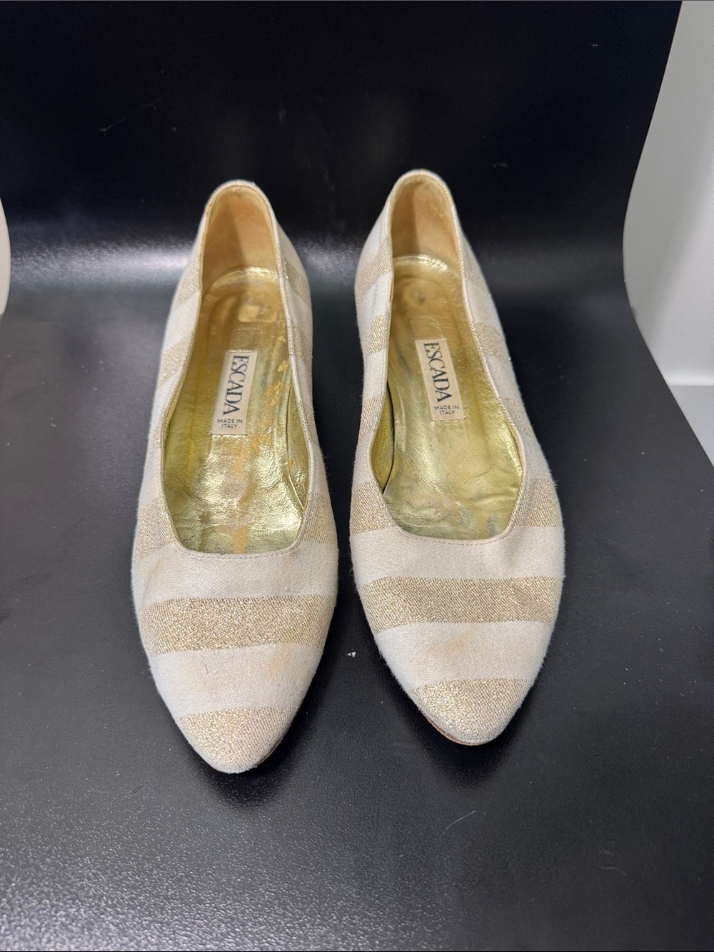 Vintage Escada Cream and Gold Striped Pointed Flats est. sz 8